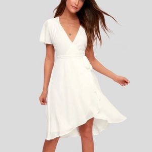 Lulu's Rise to the Occasion White Midi Wrap Short Sleeve Dress Bride Knee length